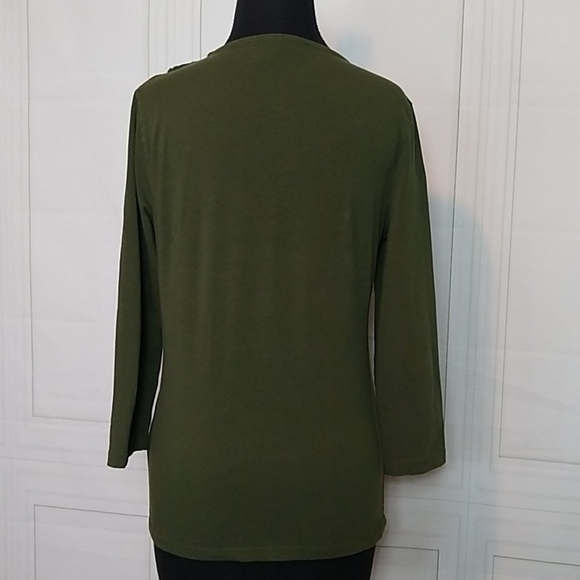 Jones New York Womens Medium Dark Green Ruffle Front Long Sleeve Tee T Shirt Top - Picture 4 of 9